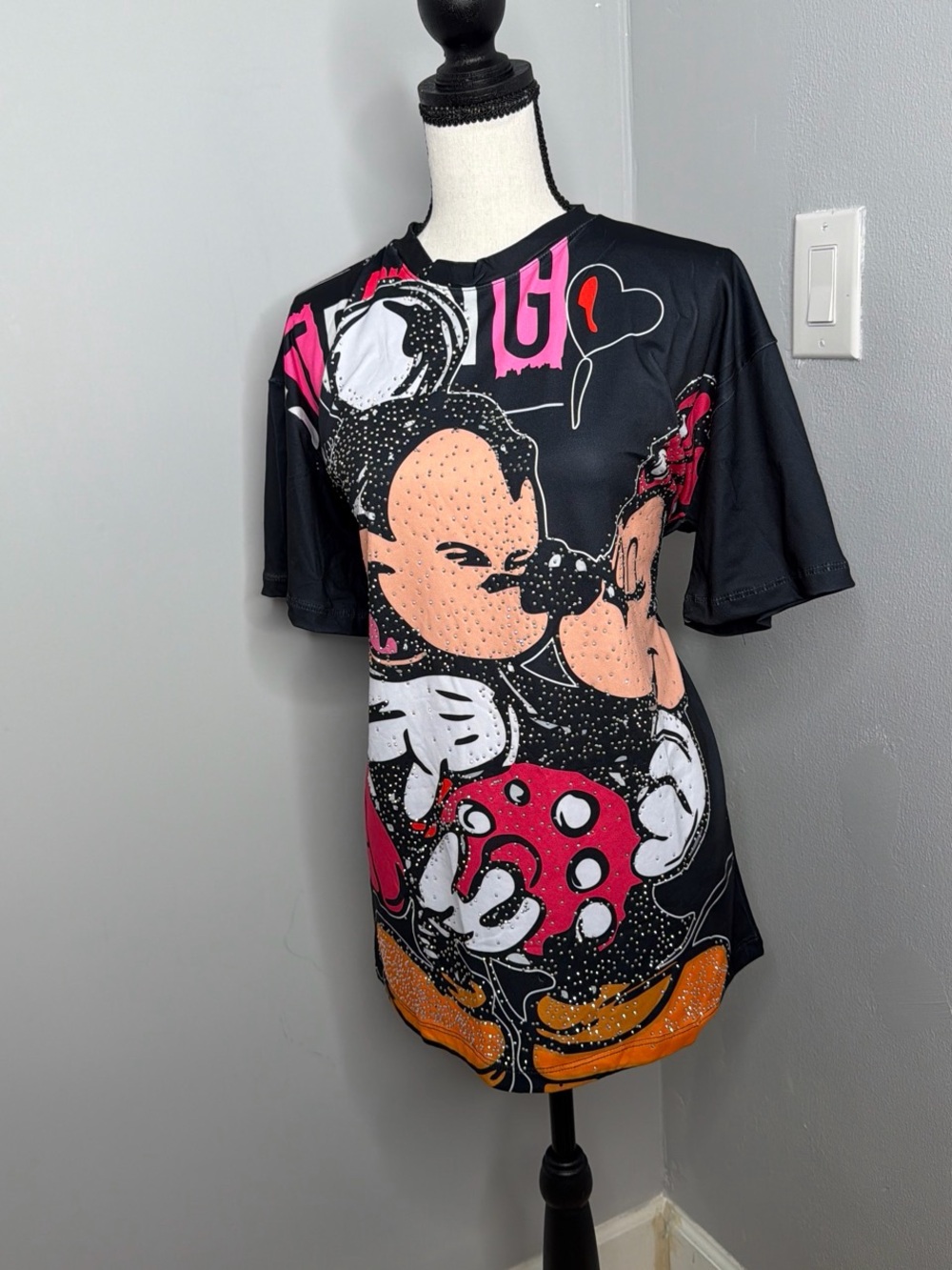 Black Short-Sleeve Tee with Colorful Mickey Graphic